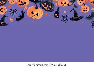 Fun Halloween background with festive objects and elements on a purple background. Holiday decoration, pumpkin, potion, cap, bat.