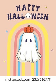 Fun Halloween card with cute ghost. Vector graphics.