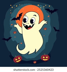 Fun Halloween cartoon ghost with a glowing orange moon, flying bats, and jack-o'-lanterns. Perfect for spooky-themed designs, party invitations, and kids' Halloween decorations. Vector art