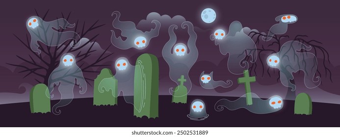 Divertida ilustración de dibujos animados de Halloween de fantasmas de cráneo en el cementerio. Lindos espíritus aterradores con ojos rojos que obsesionan el cementerio por la noche. Personajes de la muerte del horror. Colores planos