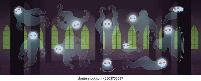 Fun Halloween cartoon illustration of skull ghosts haunting abandoned mansion. Cute frightening spirits with red eyes in haunted house castle. Horror death characters. Flat colors