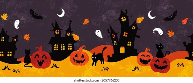 Castillos de halloween divertidos sin costura, fantasmas lindos, calabazas, gatos y decoración, estupendos para banners, papel tapiz, envolturas, textiles - diseño vectorial