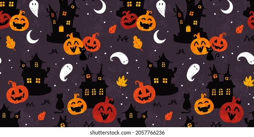 Fun halloween castles seamless pattern, cute ghosts, pumpkins, cats and decoration, great for banners, wallpapers, wrapping, textiles - vector design