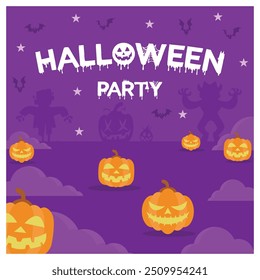 A fun Halloween celebration. Glowing pumpkins are a treat or a trick at a Halloween party. Halloween concept. Flat vector illustration.