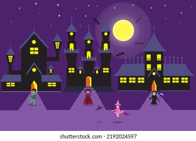 fun halloween celebration at night with zombie, dracula, witch and skull