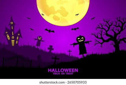 Fun Halloween Celebration Party. Halloween pumpkin field under moonlight. Vector illustration.