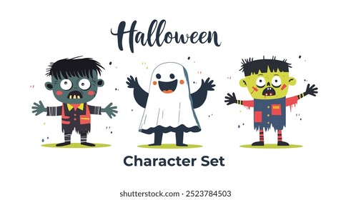 Divertido conjunto de personagens de Halloween com um zumbi brincalhão e fantasma. Ideal para projetos com tema de Halloween, convites para festas e decorações.