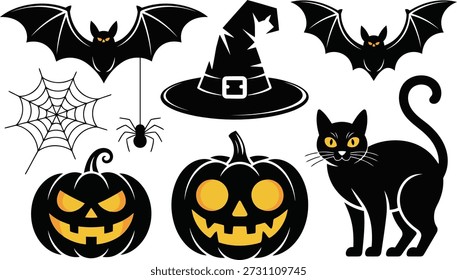 A fun Halloween collection of vector icons showcasing a black cat jack o lanterns flying bats a witch hat and spider with web.