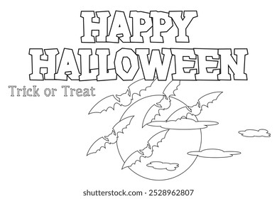 Fun Halloween coloring page featuring flying bats, a full moon, and spooky Trick or Treat text. Perfect for kids and adults alike.