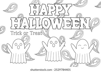 Página de coloração divertida Halloween com fantasmas adoráveis e texto feliz Halloween festivo. Perfeito para crianças artesanato de férias.