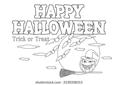 Fun Halloween coloring page featuring a witchy pumpkin, bats, and Happy Halloween text. Great for kids spooky holiday crafts.