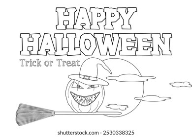 Fun Halloween coloring page featuring a pumpkin witch flying on a broom with the moon and clouds in the background. Perfect for kids and adults.