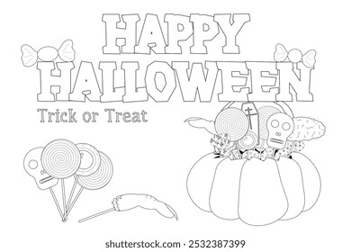 A fun Halloween coloring page featuring spooky candies, a pumpkin, and lollipops. Great for kids activities and holiday creativity.