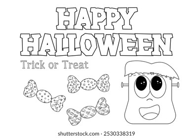 Fun Halloween coloring page for kids featuring Happy Halloween text, candy, and a cute Frankenstein. Perfect for festive activities.