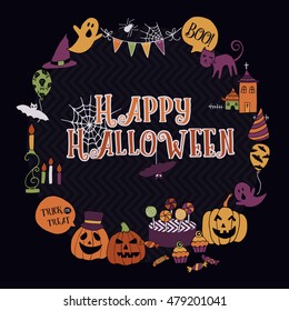 Fun Halloween Design Circle Layout  on Black Background