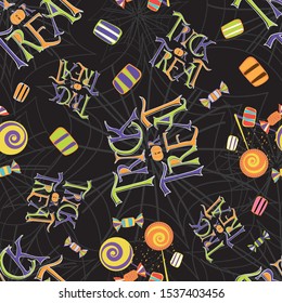 Fun Halloween design with trick or treat candy and hand lettering in orange, green, yellow, purple. Seamless vector pattern on textured spiderweb black background. Great for party giftwrap, fabric