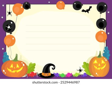 Fun Halloween frame with pumpkins, balls, spiders, bats, witch hat and sweets. Diploma, certificate, invitation for Halloween.  Vector illustration