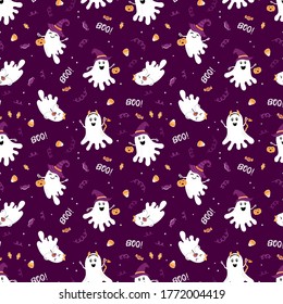 Fun halloween ghost seamless pattern, cute hand drawn background, great for Halloween textiles, wrapping, banners, wallpapers - vector design