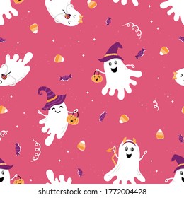 Fun halloween ghost seamless pattern, cute hand drawn background, great for Halloween textiles, wrapping, banners, wallpapers - vector design