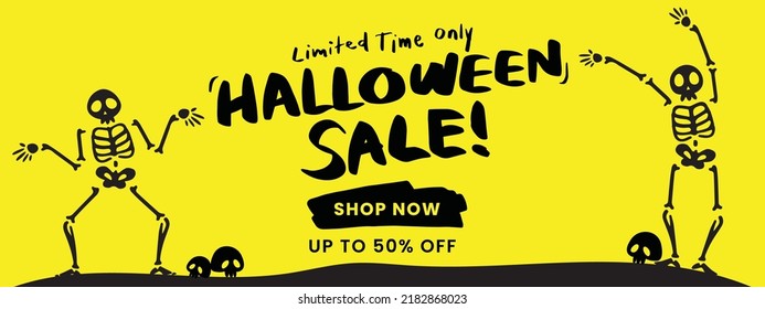 Fun Halloween Horizontal Sale 50% off, Shop Now Banner. Limited Time only Email marketing web banner. Skeleton, Skull, pumpkin, Bat. Hand Lettering, calligraphy Halloween. Yellow banner illustration.