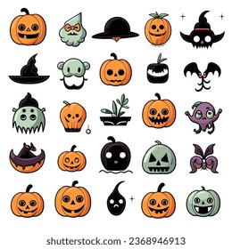 Ficha de iconos divertidos de Halloween conjunto de vectores con gráficos espeluznantes para niños y adultos