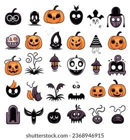 Fun Halloween Icon Sheet Set Vectors with Spooky Graphics for Kids and Adults