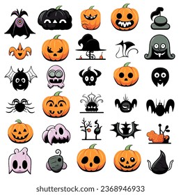 Fun Halloween Icon Sheet Set Vectors with Spooky Graphics for Kids and Adults