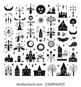 Ficha de iconos divertidos de Halloween conjunto de vectores con gráficos espeluznantes para niños y adultos
