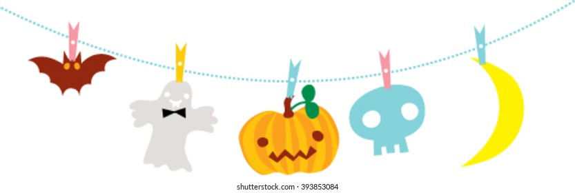 Fun Halloween icons vector illustration. Kids halloween garland. Cartoon bat, ghost, pumpkin, skull hanging decor. 