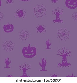 Fun Halloween Icons Vector Seamless Background Pattern. Spiders, Pumpkins and Soopky Trees and Zombie Hands with Web Card or Cover Template. Violet.