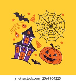 Fun Halloween illustration with a haunted house, smiling Jack O'Lantern, bats, spider web, and candy corn on a vibrant yellow background. Perfect for Halloween-themed designs, party invitations.