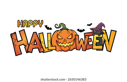 Fun Halloween lettering with creepy pumpkin face and festive decorations