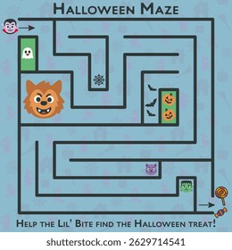 Fun Halloween maze game where kids help Lil' Bite the monster find the spooky candy. Cute icons and easy paths on a colorful background.