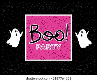 Fun Halloween party. Poster with white ghosts. Flying ghosts. Halloween costume. Dark background with spots. Pink and black banner.