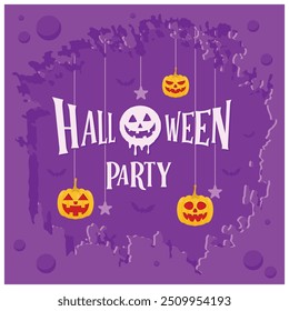 Fun Halloween party. Halloween pumpkin with a cute ghost on a purple background. Halloween Party concept. Flat vector illustration.