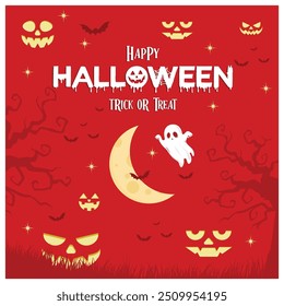 Fun Halloween party. Spooky lighted pumpkin with ghosts and bats. Halloween Party concept. Flat vector illustration.