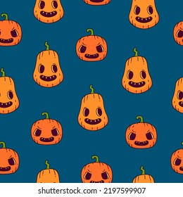 Fun Halloween pattern with cute festive pumpkins in cartoon style