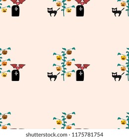 Fun halloween pattern with seamless cat, pumpkin, bat, and cemetery background multicolor vector illustration for print and fashion textile wrapping.