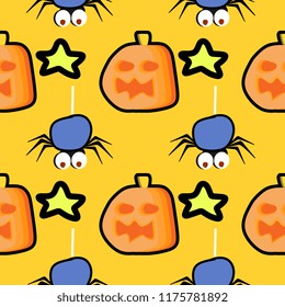 Fun halloween pattern with seamless spider, pumpkin, and stars background multicolor. Trendy creative vector illustration for baby, kids, and children fashion textile print and wrapping.