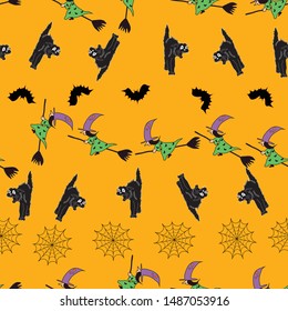 Fun Halloween seamless pattern background with witches on broomsticks,flying bats, and spiderwebs.Perfect  for textile ,stationary and fashion projects. 