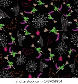 Fun Halloween seamless pattern background with witches on broomsticks,flying bats and spiderwebs with cute spiders.Perfect  for textile ,stationary and fashion projects. 