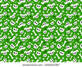 Fun Halloween Seamless pattern with  cat and dog skulls and bones on green background. Cute simple flat pattern for textile, wrapping, wallpaper