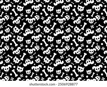 Divertido patrón de Halloween sin fisuras con cráneos y huesos de gato y perro sobre fondo verde. Patrón plano simple lindo para la materia textil, envoltura, Fondo de pantalla