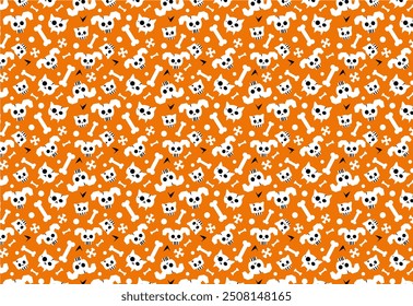 Divertido patrón de Halloween sin fisuras con cráneos y huesos de gato y perro sobre fondo verde. Patrón plano simple lindo para la materia textil, envoltura, Fondo de pantalla