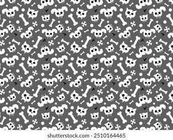 Divertido patrón de Halloween sin fisuras con cráneos y huesos de gato y perro sobre fondo verde. Patrón plano simple lindo para la materia textil, envoltura, Fondo de pantalla