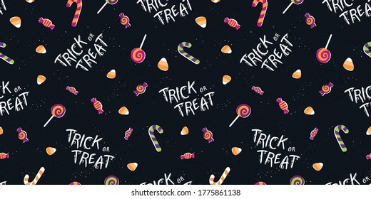 Fun halloween seamless pattern, cute hand drawn background with candies, great for Halloween textiles, wrapping, banners, wallpapers - vector design
