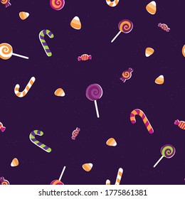 Fun halloween seamless pattern, cute hand drawn background with candies, great for Halloween textiles, wrapping, banners, wallpapers - vector design