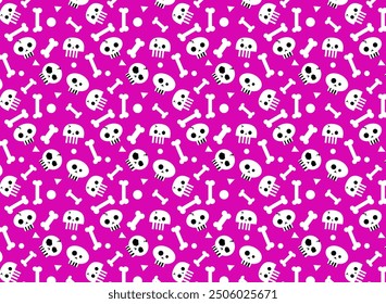 Fun Halloween Seamless pattern with  human skulls and bones on pink background. Cute simple flat pattern for textile, wrapping, wallpaper