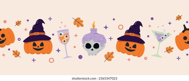 Fun Halloween seamless pattern with pumpkin, hats and leaf. Great halloween for textiles, banners, wallpapers.