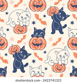 Fun Halloween seamless print. Naughty cats and pumpkins. Day of the Dead concept. Funny baby backdrop. Adorable kittens on fall themed background.